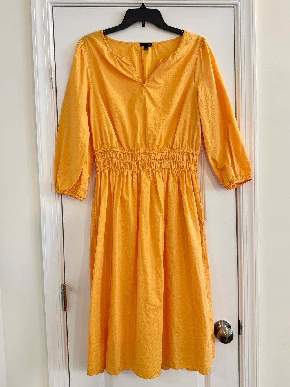 Talbots Yellow Cotton Poplin Midi Dress Size 10 Smocked Waist Boho Fall